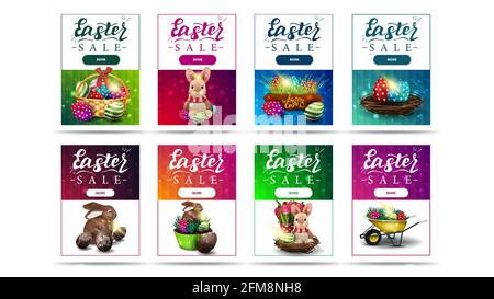Easter sale, large collection bright vertical colorful discount banners with Easter symbols, buttons and polygonal texture. Colorful easter sale verti Stock Photo