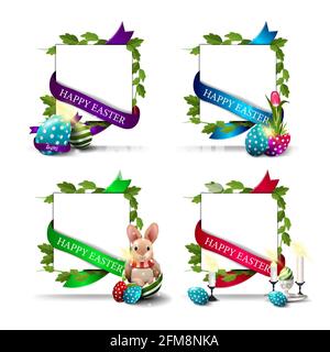 Happy Easter, collection postcards with Easter icons and white blank paper sheet with frame of liana and ribbons with greetings. Easter elements colle Stock Photo