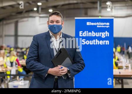 Edinburgh, United Kingdom. 07 May, 2021 Pictured: Scottish Conservatives candidate, Miles Briggs. The count for the 2021 Scottish Parliament Election Lothian Region, taking place at the Royal Highland Centre in Edinburgh. Credit: Rich Dyson/Alamy Live News Stock Photo