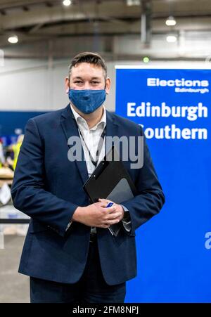 Edinburgh, United Kingdom. 07 May, 2021 Pictured: Scottish Conservatives candidate, Miles Briggs. The count for the 2021 Scottish Parliament Election Lothian Region, taking place at the Royal Highland Centre in Edinburgh. Credit: Rich Dyson/Alamy Live News Stock Photo