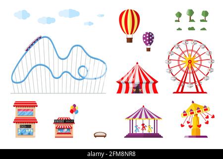 Amusement park with circus carousels roller coaster and attractions icon set. Fun fair and carnival theme objects collection. Ferris wheel and merry-go-round festival elements vector eps illustration Stock Vector
