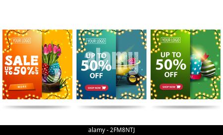 Easter sale, up to 50 off, collection square discount banners in material design with Easter icons, buttons and frame of garland. Easter discount bann Stock Photo