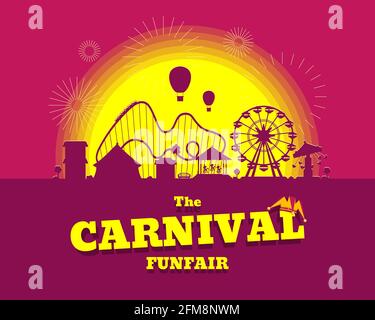 Carnival funfair flyer or banner. Amusement park with circus, carousels, roller coaster, attractions on sunset background. Fun fair landscape with fireworks. Ferris wheel and merry-go-round festival Stock Vector