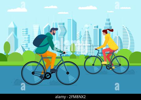 Millennial girl and boy on bike in city public park. Urban outdoor eco-friendly transport. Young people sharing vehicles. Active weekend life recreation on street. Bicycle riding vector illustration Stock Vector