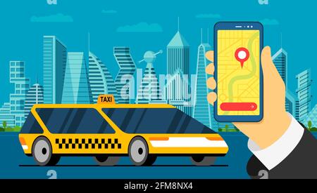 Taxi service app. Hand holding smartphone with geotag gps location pin arrival address on map and modern yellow car on smart cityscape road. Online get taxicab application flat vector illustration Stock Vector