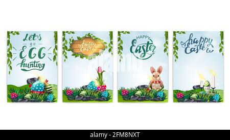 Collection Easter postcards with spring landscape, Easter eggs, bunny, tulip and lettering. Easter posters isolated on white background ready for prin Stock Photo