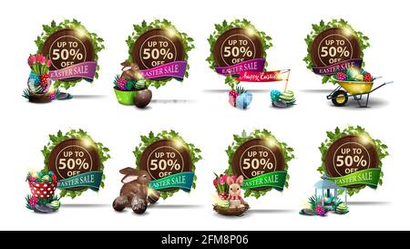 Easter sale, set round discount banners in the form of brown wood barrel with a frame of vines, ribbons and Easter icons. Easter discounts banners iso Stock Photo