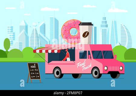 Fast food pink truck with baker outdoor city park. Donut and coffee paper cup on van roof. Doughnut with hot beverage car delivery service or fair on street catering wheels vector eps illustration Stock Vector