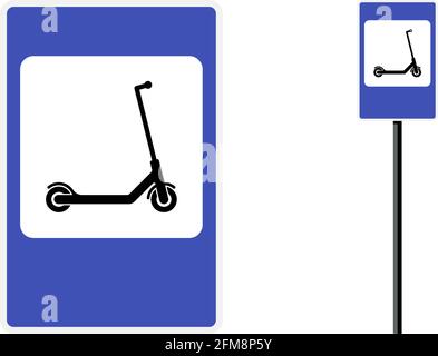 Electric kick scooter zone blue rectangular roadsign for eco friendly green mobility and city transport. Vector e-scooter traffic regulation road sign isolated illustration Stock Vector