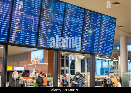 MOSCOW, RUSSIA, May 07 2021: The board shows the schedule of departures from the terminal D international airports Sheremetyevo Stock Photo