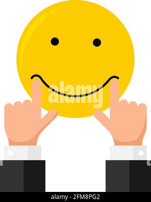 Businessman hand finger stretch pull on mouth lips on smiley emoji smile emotion like rating. Online feedback reputation quality customer review concept flat style. Vector illustration EPS Stock Vector