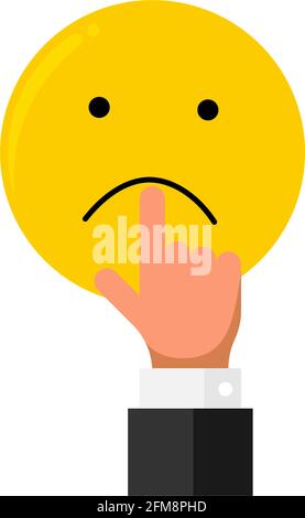 Businessman hand finger stretch pull on mouth lips on smiley emoji sad emotion like rating. Online feedback reputation quality customer review concept flat style. Vector illustration EPS Stock Vector