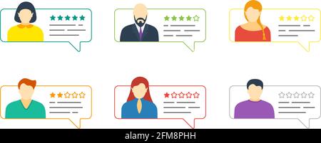 Feedback chat outline speech bubble set with male and female avatars. Online five stars review rating with good and bad testimonial rate collection. Vector quality appraisal illustration concept Stock Vector