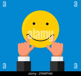 Businessman hand finger stretch pull on mouth lips on smiley emoji smile emotion on blue background. Online feedback reputation quality customer review concept flat style. Vector illustration EPS Stock Vector