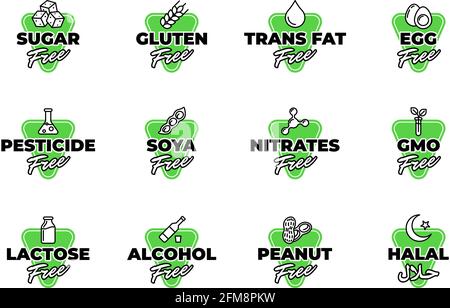 Food allergen warning labels. Sugar, pesticide, egg, lactose, nitrates, gluten, alcohol, peanut, trans fat, soya gmo ingredients free badges Halal arabic script certificate tag Vector illustration Stock Vector