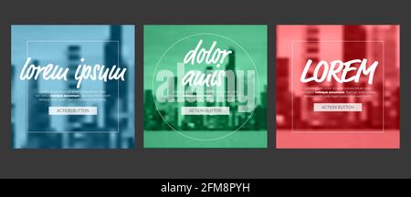 Set of Simple social media post image template with call to action button, simple graphic and big monochromatic photo placeholder in the background. C Stock Vector