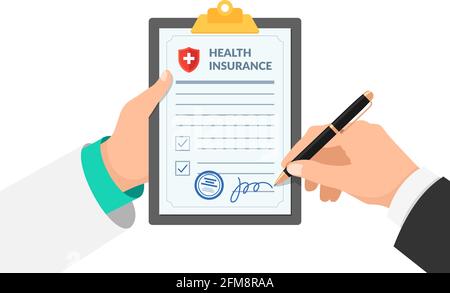 Doctor agent or medical officer hand holding clipboard with insurance policy form and patient signs agreement protection document. Make deal medicine compensation legal contract vector illustration Stock Vector