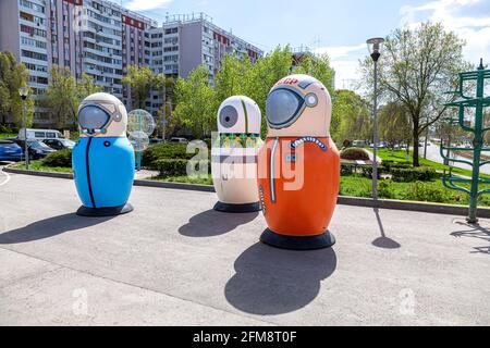 Samara, Russia - May 4, 2021: Big matryoshka dolls also known as a Russian nesting dolls as a cosmonauts Stock Photo