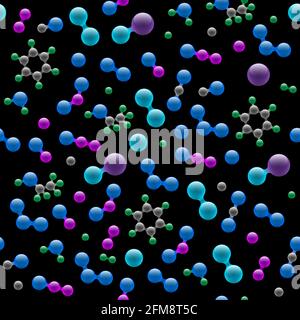 Chemistry atomic molecular 3d structure seamless pattern. Abstract design concept for science biotechnology chemical industry. Vector atoms and molecules texture on black background eps illustration Stock Vector