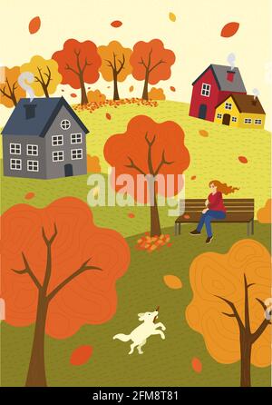 Autumn mood hand drawn fall season nature. Girl on park bench in wind and walks dog. Lawn hills and trees. Countryside rest rustic scene vector illustration for poster, banner, card, brochure or cover Stock Vector