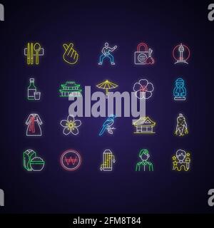 Korea neon light icons set Stock Vector