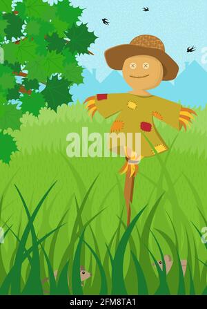 Scarecrow in green field summer poster. Farm on nature rural background with tree foliage and tall grass for harvesting. Countryside farmland tranquil summertime landscape. Cartoon vector illustration Stock Vector