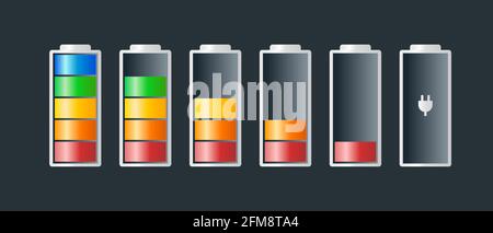 Battery charge indicator icons vector icon Charging level Battery Energy powerfully full fun funny power running low full status batteries set logo Charge level empty loading bar Gadgets alkaline Stock Vector