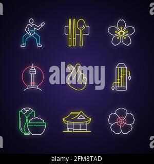 Korean culture neon light icons set Stock Vector