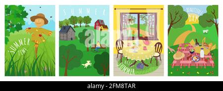 Hello Summer cute vector poster set. Outdoor picnic on grass, scarecrow in agricultural field, dog walking in countryside park, vacation in nature and village rest banners. Summertime hand drawn cards Stock Vector