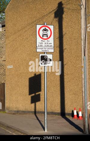 Restriction / no entry sign at drop of and pick up times associated with School Streets Zone around a school or college for Primary and Secondary aged children as part of the safer School Street Programme. UK (123) Stock Photo