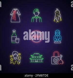 Culture of Korea neon light icons set Stock Vector