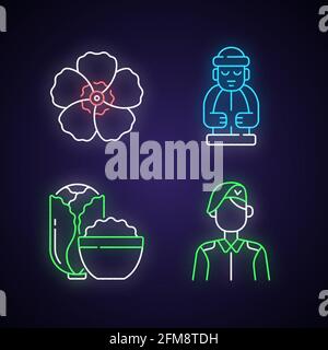 Korean nationals symbols neon light icons set Stock Vector
