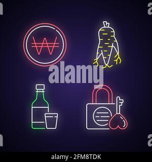 Korea neon light icons set Stock Vector