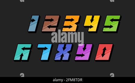 Numbers colourful set in 3d italic vintage style with arrows in speedy srtyle trendy typography consisiting of 1 2 3 4 5 6 7 8 9 0 for poster design and or greeting card. Vector modern font EPS 10 Stock Vector