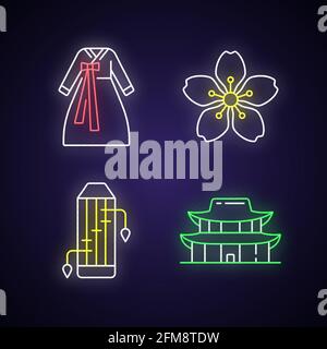 Korean ethnic symbols neon light icons set Stock Vector