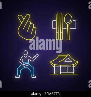Symbols of Korea neon light icons set Stock Vector