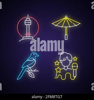 Korean traditions neon light icons set Stock Vector