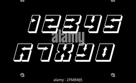 Numbers colourful set in 3d italic vintage style with arrows in speedy srtyle trendy typography consisiting of 1 2 3 4 5 6 7 8 9 0 for poster design and or greeting card. Vector modern font EPS 10 Stock Vector