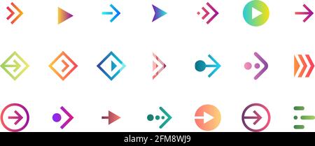 Swipe arrow right gradient button icon set. Application and social network scroll cursor pictogram for web design or app. Vector flat modern next direction pointer ui interface collection illustration Stock Vector