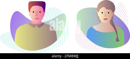Male female on dynamic modern liquid element graphic gradient flat style design fluid vector colorful illustration simple abstract shapes. Couple husband wife vector isolated white background Stock Vector