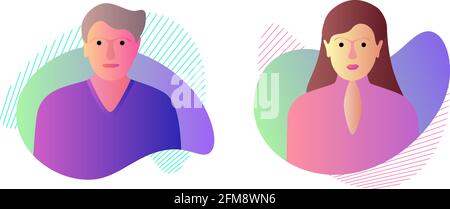 Man woman avatar set on dynamic modern liquid element graphic gradient flat style design fluid vector colorful illustration simple abstract shapes. Male female vector isolated. EPS10 Stock Vector