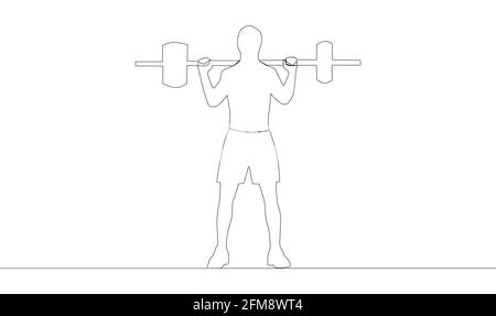 Single continuous line drawing of young strong weightlifter man preparing for barbell workout in gym. Weight lifting training concept. Trendy one line Stock Vector