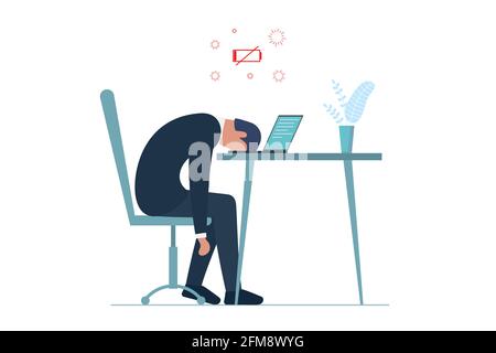 Male manager professional burnout syndrome. Exhausted sick tired businessman sitting with head down on laptop. Sad boring man. Frustrated worker mental health problems. Overload work eps illustration Stock Vector