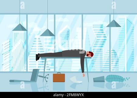 Professional burnout syndrome. Exhausted sick tired male manager in office sad boring lies with head down on table. Frustrated worker mental health problems. Vector long work stress day illustration Stock Vector