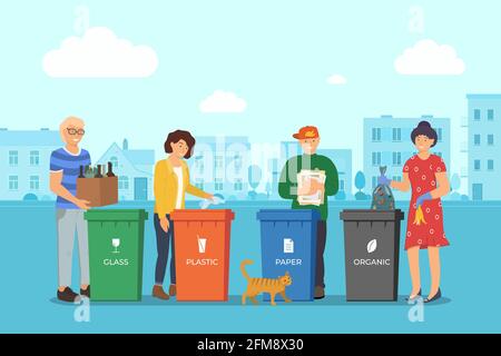 People sorting garbage for recycling in city street. Responsible men and women stand near dustbin and utilize trash and rubbish in different containers for waste utilization. Environment and ecology Stock Vector