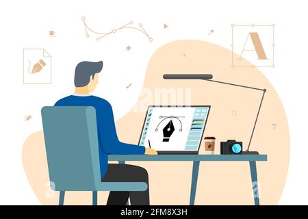 Man graphic designer sits working at computer in workplace. Male creative specialist freelancer or advertising agency studio employee develops design layout on monitor screen. Vector eps illustration Stock Vector