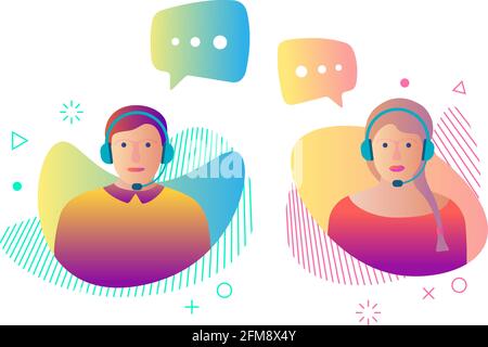 Call center customer online help service avatar set. Man and woman online assistant working in headphones and chat speech bubbles. Support character operator gradient vector illustration Stock Vector