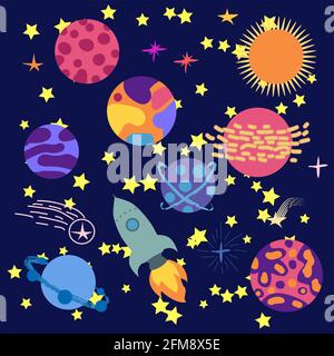 Space cartoon icons set. Planets, rockets, ufo elements on cosmic background Stock Vector