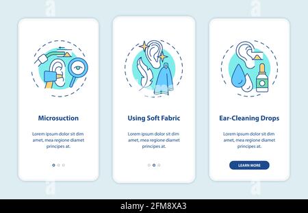 Ear hygiene methods onboarding mobile app page screen with concepts Stock Vector