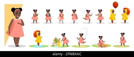 Little black girl in various gesture expression poses. Female african child shows different emotion set. Cute kid character plays and rejoices, sad and angry, stands and sits. Vector eps illustration Stock Vector